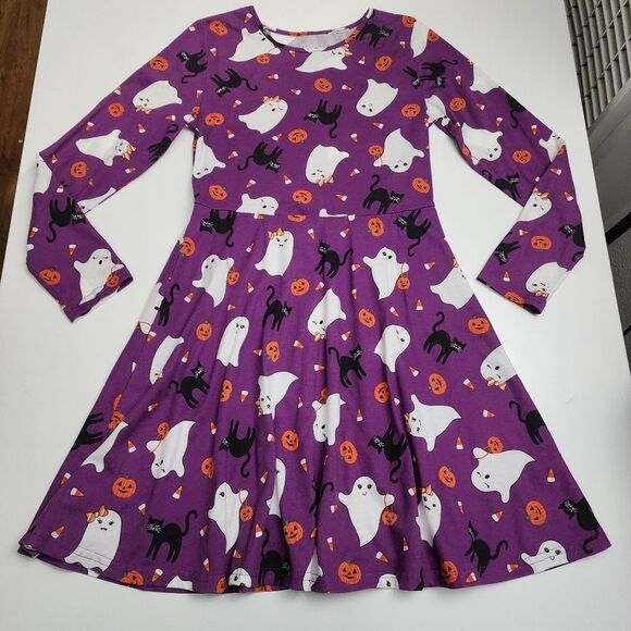 Girls Friendly Ghosts Pumpkins Printed Purple Halloween Dress Size Large L 10/12 - Picture 1 of 6